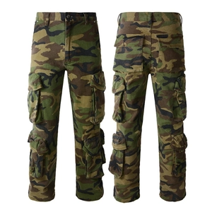 Front and back view of men's military jungle camouflage cargo pants with utility pockets