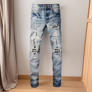 Men Slim Fit Ripped Patchwork Jeans Light Blue Washed Distressed Denim Pants With Paisley Stripe Detail Streetwear Fashion