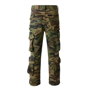 Rear view of camouflage cargo pants for men with large multi-pocket design and straight cut