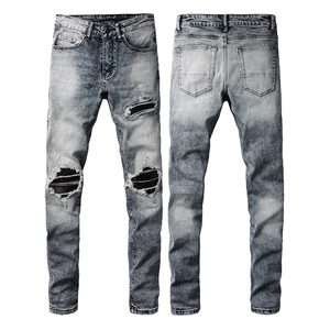 Men Distressed Slim Fit Jeans Vintage Washed Denim Pants With Pleated Patches Biker Style Streetwear Trousers For Daily