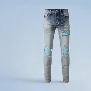 Men High Street Distressed Jeans Light Blue Washed Denim Skinny Fit Patchwork Destroyed Trousers Casual Hip Hop Streetwear Pants For Men