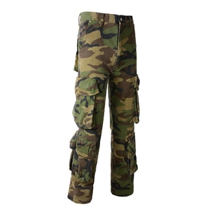 Men's camouflage tactical cargo pants with multiple utility pockets and a straight leg fit