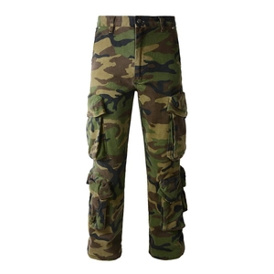 Men's army green woodland camouflage cargo pants with multi-pocket straight leg design