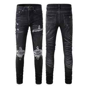 Men's Streetwear Slim Fit Distressed Jeans Rhinestone Patchwork Washed Black Denim Pants Skinny Rock Style For Men
