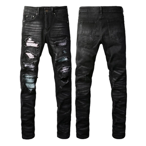 Men Slim Fit Cotton Denim Jeans High Street Distressed Ripped Hole Patchwork Paisley Tapered Leg Pants Streetwear Style