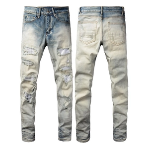 Jeans Distressed da Uomo Streetwear Slim Fit Patchwork con Strass Denim Pantaloni Tapered Blu Chiaro Lavati Hip Hop Casual