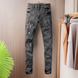 Men Vintage Distressed Skinny Jeans With Paisley Bandana Patches Ripped Slim Fit Denim Trousers For Streetwear Fashion