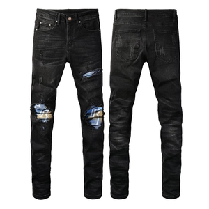 Men's Ripped Skinny Jeans Black Distressed Denim Pants With Patches Streetwear Hip Hop Slim Fit Stacked Denim For Men