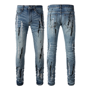 Jeans slim da uomo con stampa graffiti e schizzi di vernice bianca e nera trendy