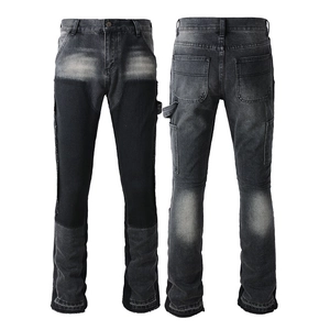 Front and back view of distressed grey patchwork flare jeans for men in street style