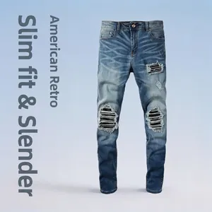Jeans en Denim Déchiré Rétro pour Hommes Coupe Slim Bleu Clair Patchwork Streetwear Hip Hop Pantalons Lavés pour Hommes