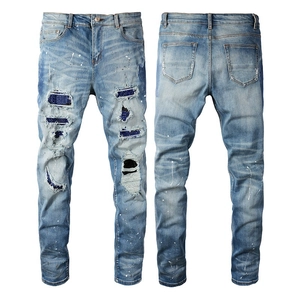 Men's High Street Slim Fit Denim Jeans With Distressed Ripped Holes Blue Rhinestone Patches And White Paint Splatter Pencil Pants