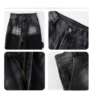 Detail view of washed black denim jeans featuring silver button, zipper fly and slanted pockets