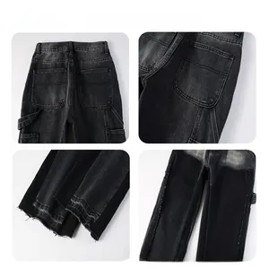 Detail view of denim flare pants showing utility pockets and frayed hem with wash texture