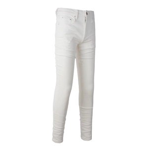 Detail view of slim fit white stretch jeans for men showing classic five-pocket design