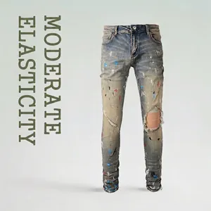 Men Streetwear Ripped Jeans Distressed Cotton Blend Denim Paint Splatter Slim Fit Pencil Pants Casual Punk Trousers