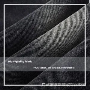 Close-up of 100% cotton black denim fabric texture for men flare trousers