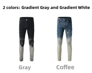 Detailed comparison of slim fit ripped jeans with gradient wash and distressed knee style