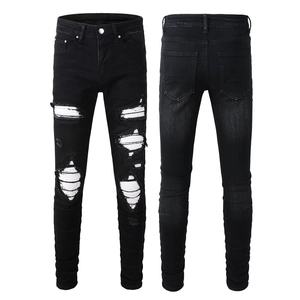 Men's Slim Fit Ripped Jeans Stretch Denim Cotton Distressed Patched Pants Streetwear Hip Hop Casual Trousers For Men Black