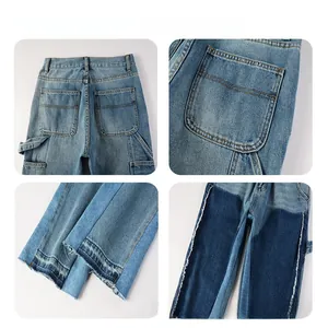 Detailed views of men's flare jeans showing patchwork design and frayed hem details