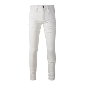 Slim fit white casual trousers for men with stretch denim fabric and metal button detail
