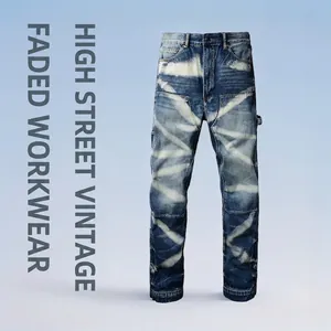 Men's retro high street blue washed cargo denim pants with white striped distressed details