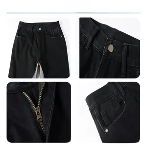 Detail view of denim jeans featuring metal zipper, button, pocket, and twill fabric texture