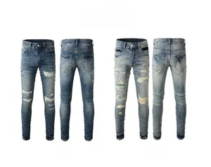 Front and back views of slim-fit ripped jeans in blue and light blue wash denim