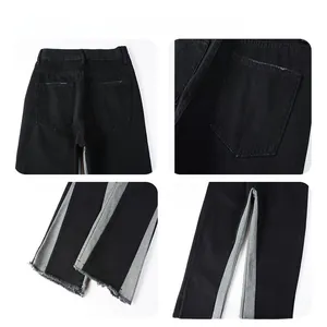 Detailed views of contrast paneling and raw hem on black and gray flare jeans