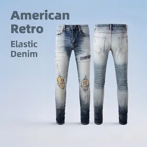Men's American Vintage Distressed Ripped Jeans Stretch Denim Slim Fit Patchwork Pants Light Blue Washed Streetwear Casual Trousers