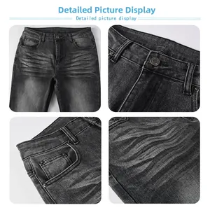 Detail of men's washed denim jeans showing metal button, rivets, and cat-whisker effect