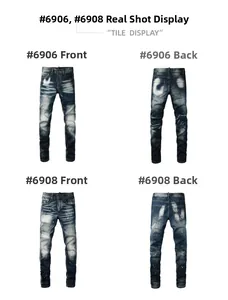 Confronto dettagliato di jeans slim fit con effetto lavato e dettagli di schizzi di vernice