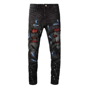 Men High Street Slim Fit Jeans Rhinestone Distressed Ripped Patchwork Paint Splatter Denim Trousers Casual Streetwear Black Pants