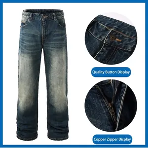 Plus size dark blue straight-leg denim jeans for men with washed finish and copper zipper