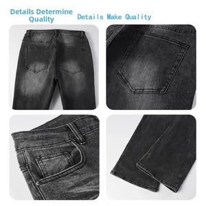 Close-up of washed gray denim jeans showing rivet pockets and high-quality hem stitching