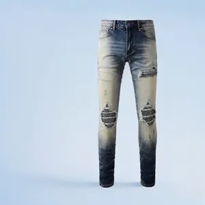 Jean Homme High Street Déchiré avec Strass Pantalon Denim Délavé Distressed Hip Hop Streetwear Mode Skinny Jeans