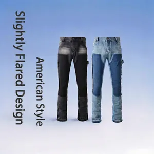 Men Splicing Flare Jeans 100 Percent Cotton Colorblock Denim Pants American Retro Carpenter Trousers For Men Streetwear Fashion