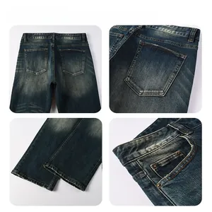 Detail of dark blue washed denim jeans featuring reinforced stitching and metal rivets