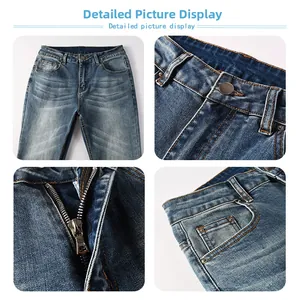 Detail view of denim jeans featuring a metal button, zipper, and reinforced stitching