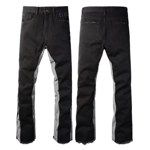 Men's retro slim flare jeans with black and grey color blocking and frayed raw hems