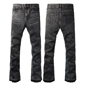 Men's retro gray distressed slim flare jeans with whiskers and raw hem detail