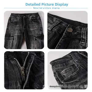 Detail van de donkergrijs gewassen flare jeans met metalen rits en handige zijzakken