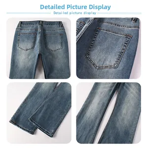 Detailed views of men's blue flare jeans showing waist design and washed denim texture