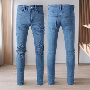 Jeans Skinny Délavés à Empiècements pour Hommes Coupe Ajustée Extensible Pantalon en Denim Bleu Style Streetwear Hip Hop Décontracté