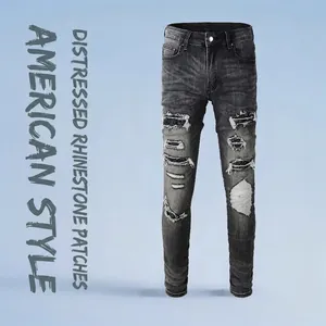 Jeans Déchirés avec Strass Streetwear pour Hommes Coupe Ajustée Pantalon en Denim de Coton Vieilli Mode High Street Noir Gris