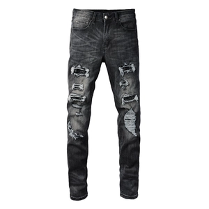 Jean slim pour hommes gris anthracite avec délavage usé et empiècement tendance
