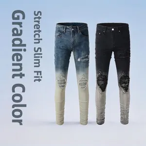 Men Slim Fit Ripped Jeans Gradient Blue White Distressed Denim Pants With Patch Holes Stretch High Street Style Male Trousers