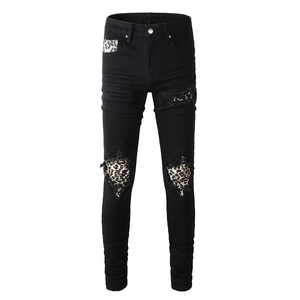 Men Slim Jeans Cotton Denim Black Distressed Ripped Leopard Patchwork High Street Rock Style Streetwear Long Pants