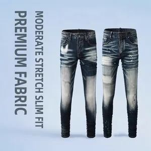 Jeans Slim Fit da Uomo in Denim Distressed Lavato Streetwear Pantaloni Vintage Gamba Dritta Blu Baffi Schizzi di Vernice Casual Moda