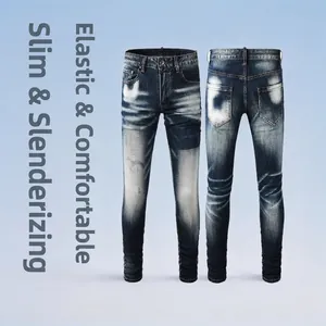 Jeans slim da uomo in blu scuro con lavaggio vintage che mostrano vista frontale e retro